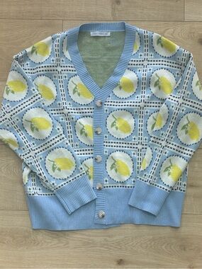 Blue and Yellow Lemon Print Cardigan Euro Summer Printed Sweater
